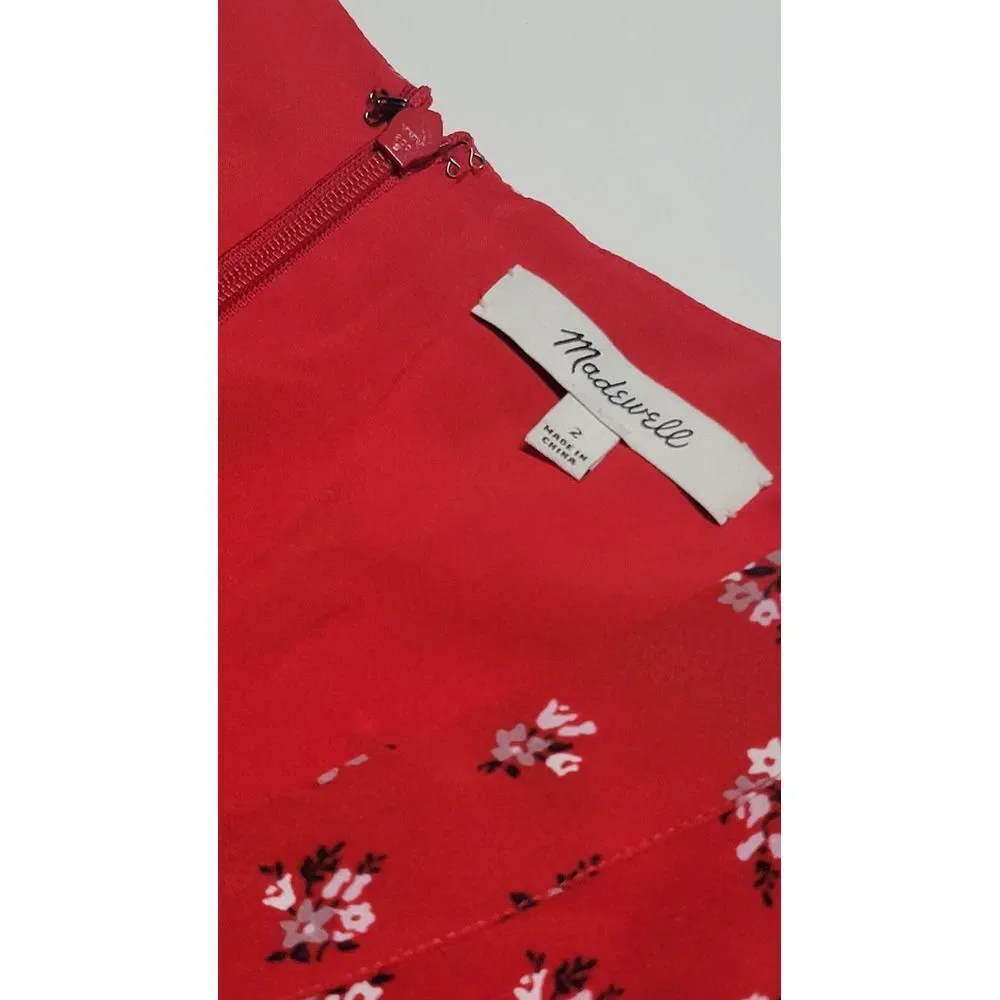 Madewell Red Silk Little Lilies Button‎ Front Ruffle Sleeve Short Dress Size 2